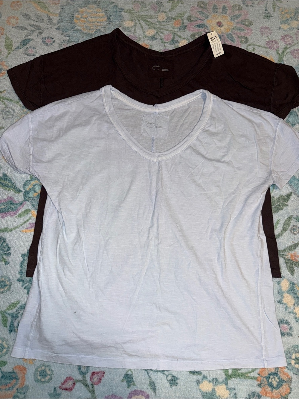 aerie Short Sleeve V-Neck Tee in blue  and Brown pack of 2 one NWT
